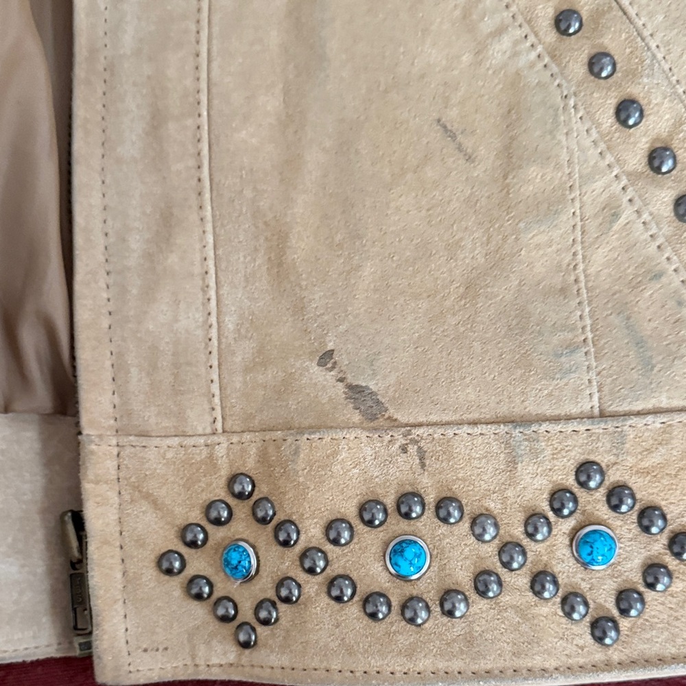 Scully Beige Fringe Leather Jacket with Turquoise Stud Accents - Picture 8 of 9